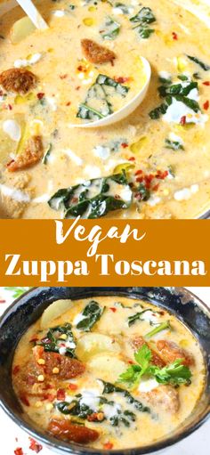 vegan zuppa toscana soup with spinach and cheese