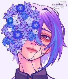 a drawing of a girl with purple hair and flowers on her head