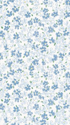 blue flowers on white background with green leaves and dots in the middle, all over