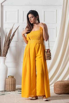 🌞 Soak up the sunshine in style with our new Sunshine Yellow and Golden Indo-western Jumpsuit! ☀️ This stunning piece is now available for only $87.77. 💰 Don't miss out on this must-have addition to your wardrobe! ✨ #sunshinevibes #jumpsuitlove #indowesternfashion #summerstyle #goldenhour #shopnow #trendalert #statementpiece #fashionista #instastyle #etherealoutfitters Jumpsuit Poses, Western Jumpsuit, Ethnic Jumpsuit, Yellow Jumpsuit, Stylish Party, Stylish Party Dresses, Mustard Color, Sunshine Yellow, Indo Western