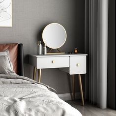 a bedroom with a bed, nightstand and mirror on it's side table in front of a window