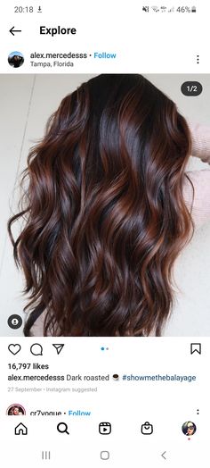 Chocolate Brown Hair With Red Balayage, Copper Over Dark Brown Hair, Dark Auburn Hair Color Brown, Hot Chocolate Hair, Dark Copper Balayage Brunette, Rich Brown Hair, Summer Hair Color Ideas, Mahogany Hair, Colors For Brunettes