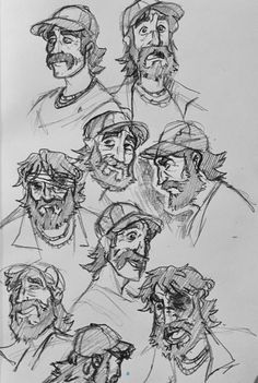 a drawing of six men with different facial expressions and beards, all wearing hats