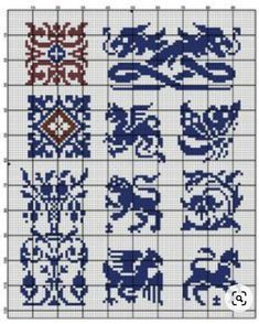 cross stitch pattern with different designs on the front and back, all in blue and red