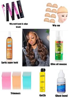 Lace Wig Supplies, Wig Products List, Lace Front Wig Essentials, Best Wig Glue, Wig Spritz, Wig Essentials List, Wig Caps For Making Wigs, Got2b Hairspray, Olive Oil Mousse