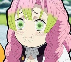 an anime character with pink hair and green eyes