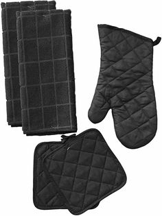 three oven mitts and two oven mitts with black quilting on the front