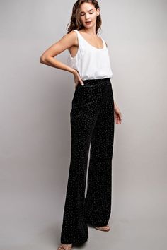 Rhinestone Velvet Wide Leg Pants Brand: EE:SOME Style: PK9053 Fabric: 100% POLYESTER Details: Velvet pants featuring rhinestone detailing throughout, a side zipper closure and is a straight leg style. **MATCHING BLAZER STYLE # JK9596 ** Chic Velvet Wide Leg Pants For Parties, Velvet High-waisted Pants For Party, Velvet High-waisted Party Pants, Elegant Velvet Wide Leg Pants For Party, Black Velvet Pants For Party, Velvet Wide Leg Pants For Party, Wide-leg Velvet Pants For Party, Velvet Wide Leg Full Length Party Pants, Full-length Velvet Bottoms For Night Out