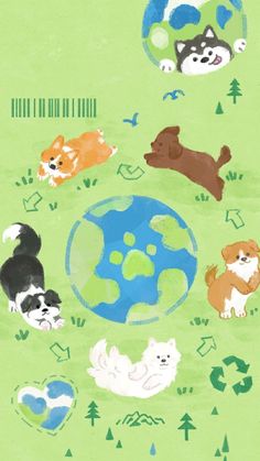 an image of dogs playing around the world in watercolor and pencils on paper