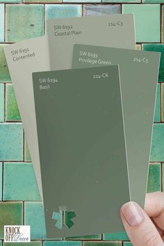 a hand is holding three different shades of paint on a brick wall with green and blue tiles in the background