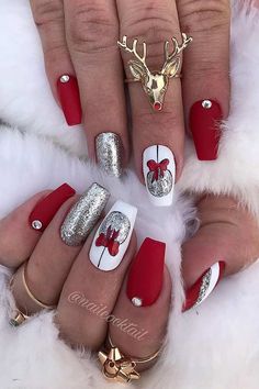 Xmas Nail Art, Red Christmas Nails, Winter Nails Acrylic, Christmas Nails Easy, Christmas Gel Nails, Red Nail Designs