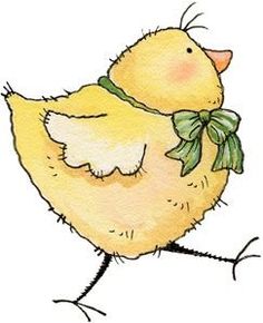 a watercolor drawing of a yellow chicken with a green bow