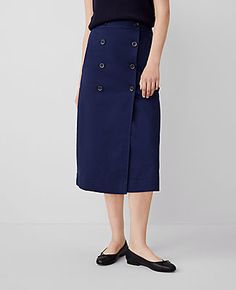 Elevate your weekend wardrobe with the Ann Taylor Weekend Sateen Button Wrap Skirt. This skirt combines comfort with elegance, featuring a button front and angled front welt pockets for a touch of sophistication. Perfect for relaxed outings or casual office days, it's designed to hit at mid-calf, making it versatile for various footwear options.

- Size: Regular - 4
- Color: Pure Sapphire
- Material: 72% Cotton, 25% Rayon, 3% Spandex
- Length: 31" long
- Gender: Female
- Garment Care: Machine Wa Blue Button-up Bottoms For Work, Fitted Bottoms With Buttoned Pockets For Workwear, Navy Work Skirt With Pockets, Navy Workwear Skirt With Pockets, Spring Workwear Skirt With Buttoned Pockets, Knee-length Skirt With Side Buttons For Work, Fall Workwear Skirt With Buttoned Pockets, Fall Workwear Skirt With Button Cuffs, Blue Bottoms With Buttoned Pockets For Work