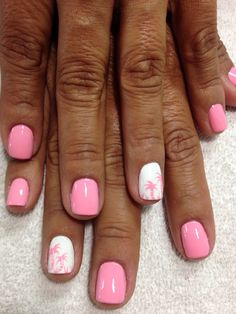 Florida Nails Coffin, Cruise Nails Dip, Light Pink Tropical Nails, Hot Pink Nails With Palm Tree, Beach Nails Natural Nail, Beach Nails Palm Tree, Pink Beach Nails Summer Time, Nails For Cruise Vacations 2023, Beach Vacay Nails Pink