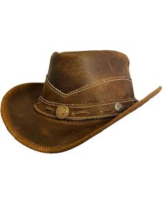 Genuine Leather: These western style outback hats are crafted from high-quality leather for durability and a classic look. Adjustable String: Features a convenient string inside the hat for easy bending and customization to fit your head comfortably. Timeless Cowboy Style: Embrace the rugged charm of the Wild West with this classic cowboy hat design. Versatile Wear: Perfect for ranching, rodeos, outdoor adventures, or simply adding a western touch to your everyday outfits. Handcrafted Quality: E Affordable Brown Hats For Western-themed Events, Rustic Leather Fedora For Rodeo, Rustic Leather Fedora For Western-themed Events, Brown Leather Fedora For Rodeo, Country Style Leather Fedora For Outdoor, Rugged Leather Hats For Western-themed Events, Rustic Leather Hat For Western-themed Events, Rugged Leather Hat Bands For Ranch, Rugged Leather Hats For Ranch