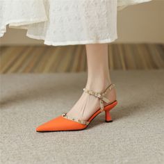 As low as US$58.00 Orange Pointed Toe Sandals For Summer, Summer Orange Pointed Toe Sandals, Trendy Orange Pointed Toe Sandals, Orange Pointed Toe Sandals For Spring, Leather Sandals Women, Mid Heel, Leather Sandals, Ankle Strap, Womens Sandals