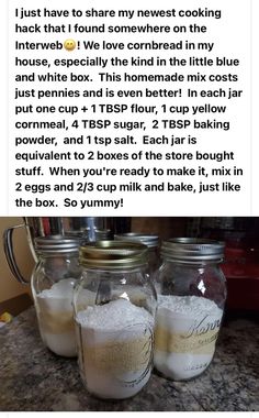 three jars filled with white flour sitting on top of a counter