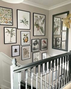 there are many framed pictures on the wall above the bannister and stair railing