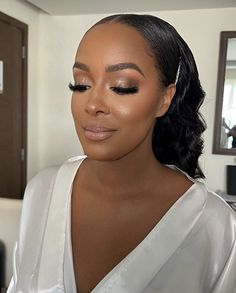 Glam Bridal Makeup Black Women, Soft Glam Bridesmaid Makeup Black Women, Bridal Black Women, Silver Soft Glam Makeup Black Women, Sleek Bridal Bun Black Women, Black Bride Makeup Wedding Glam, Bridal Makeup Deep Skin, Soft Glam Bridal Makeup Black Women, Wedding Make Up Black Women