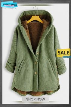 Buttoned Solid Hooded Jacket Hooded Coat Outfit, Button Hoodie, Coat With Hood, Coat Outfit, Plaid Coat, Green Coat, Fleece Coat, Belarus, Hooded Coat