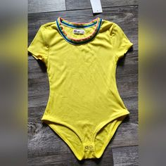 Epic Threads Big Girls Yellow Sporty, Stripe Neck, Short Sleeve, Snap Closure At Gusset Bodysuit. Size S Polyester/Spandex Denim Short Jumpsuit, One Piece Jumper, Jumper Outfit, Striped Bodysuit, Girl Onesies, Girls Stripes, Yellow Fashion, Short Jumpsuit, Pink Yellow