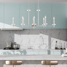 a kitchen with marble counter tops and bar stools