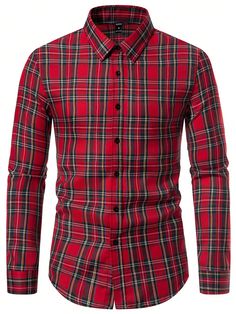 Manfinity Homme Men's Simple Red Black Plaid Long Sleeve Shirt, Button Up Graphic Casual Shirt For Party | SHEIN