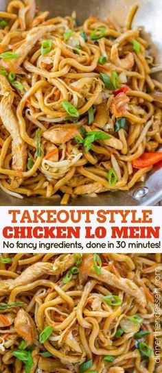 two pictures of chicken and noodles with the words takeout style chicken lo mein