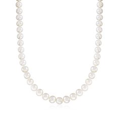 Ross-Simons - 9.5-10.5mm Cultured Pearl Necklace with 14kt Yellow Gold. 18". Reminiscent of the glamorous styles of the roaring 20's, our beautiful 9.5-10.5mm cultured freshwater pearl necklace is a must-have classic. Wear with your favorite little black dress or add it to a frilly blouse with a cardigan for a chic vintage ensemble - the possibilities are endless! Fastens with a 14kt yellow gold fishhook clasp. White pearl necklace. Pearl birthstones are the perfect gift for June birthdays. Classic High Luster Necklaces For Anniversary, Classic Pearl White Necklace With High Luster, Three Strand Necklace, Cultured Pearl Bracelet, Classic Wear, Frilly Blouse, Pearl Birthstone, Front Back Earrings, Roaring 20's