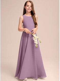 A-Line Scoop Neck Floor-Length Chiffon Junior Bridesmaid Dress With Bow(s) Cascading Ruffles (009208605) - JJ's House Bridal Maid Dress, Girls First Communion Dresses, Girls Bridesmaid Dresses, Evening Gowns With Sleeves, Sisters Dress, Shoulder Dresses, Junior Bridesmaid Dress, Cascading Ruffles, Off Shoulder Dresses