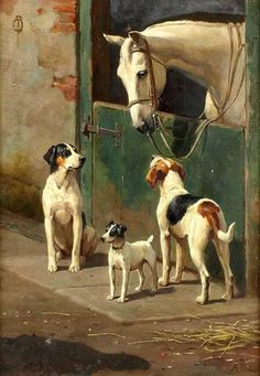 a painting of three dogs and a horse in front of a door with a white horse