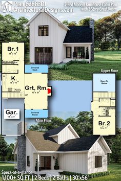 two story house plan with 3 bedroom and 2 bathes in the front, an attached garage