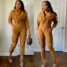 This Jumpsuit Is A Vibe! Camel Color Denim Cargo Jumpsuit With Pockets Elastic Waist Button Closure Made Of Cotton And Spandex Runs True To Size 30 Inch Inseam Tia Is 5’7, 155lbs Wearing A Small Solid Denim Jumpsuit With Pockets For Work, Fitted Button-up Overalls With Pockets, Fitted Utility Jumpsuit With Pockets, Casual Fitted Brown Overalls, Fitted Khaki Jumpsuits And Rompers With Pockets, Fitted Utility Overalls In Solid Color, Khaki Overalls With Pockets For Fall, Trendy Long Sleeve Jumpsuits And Rompers With Pockets, Trendy Button-up Jumpsuits And Rompers With Pockets