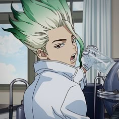 an anime character with green hair drinking from a water bottle in front of a window