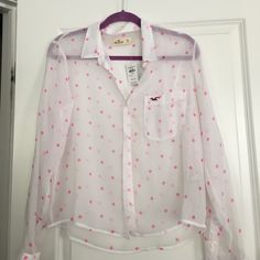 Never Worn Sheer Blouse. Pink Polka Dots. Cute White Button-up Blouse, Women Pink Flannelette Polka Dots Pajama Shirt, Pink Star Print Short Sleeve T-shirt, White Polka Dot Shirt, Cheap Polka Dot Button-up Blouse, Polka Dot Shirt, Sheer Blouse, Pink Polka Dots, White Polka Dot