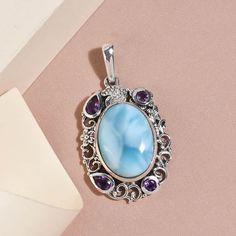 Buy Artisan Crafted Larimar and Amethyst Pendant in Sterling Silver 14.00 ctw at ShopLC.