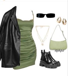 Long Dresses Casual Outfit Ideas, Outfit With Green Purse, Green Outfit Board, Green Night Outfit, Classy Green Outfits, Black And Green Outfit Aesthetic, Dr Outfits Shifting, Night Out Dress Outfit, Slytherin Party Outfit