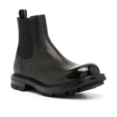 Men’s Patent Cap-Toe Chelsea Boots Luxury Black Chelsea Boots With Round Toe, Luxury Black Chelsea Boots With Rubber Heel Cap, Designer Calf Leather Boots With Rubber Heel Cap, Designer Black Chelsea Boots With Reinforced Heel, Luxury Black Cap Toe Boots, Alexander Mcqueen Boots, Studded Combat Boots, Worker Boots, Luxury Socks