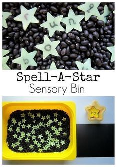 a yellow bowl filled with black beans and stars next to an image of a star shaped dish