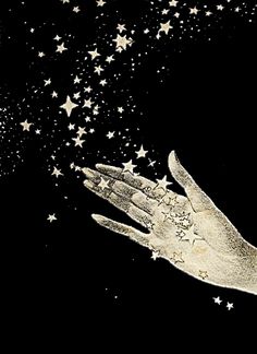 a drawing of a hand reaching for stars in the night sky with white ink on black paper