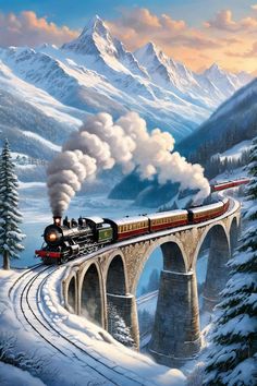 a painting of a train going over a bridge in the snow with mountains behind it