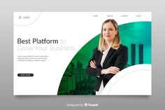 the landing page for a website with a woman in business attire and her arms crossed