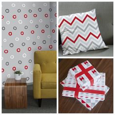 four different pictures with red and white designs on them, including a couch, chair, table