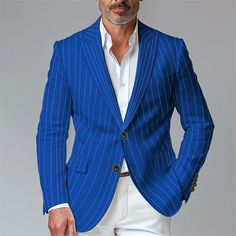 Season:Spring   Fall; Fabric:Polyester; Sleeve Length:Long Sleeve; Look After Me:Washable,Wet and Dry Cleaning; Gender:Men's; Style:Casual,Fashion; Occasion:Cocktail Party,Wedding Party,Business; Placket:Single Breasted; Fit Type:Regular Fit; Function:Comfortable; Pattern:Stripes; Design:Buttons,Pocket; Neckline:Lapel; Outerwear Type:Blazer; Listing Date:06/25/2024; Production mode:External procurement; Bust:; Length:; Shoulder Width:; Sleeve: Blue Summer Party Blazer, Summer Party Blue Blazer, Blue Wedding Suits With Buttons, Blue Summer Party Suit, Blue Single Button Party Suits, Blue Blazer With Button Closure For Party, Blue Single Breasted Suit For Party, Royal Blue Long Sleeve Party Blazer, Spring Party Blue Suits