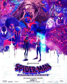 spider - man into the spider verse movie poster with characters in purple and red colors