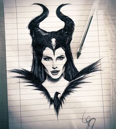 a pencil drawing of a woman with horns on her head and long black hair, holding a pen