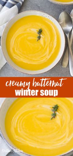 two bowls of creamy butternut winter soup