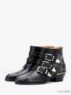 Lasaky - Womens Elegant Black Ankle Boots with Beaded Buckle Detail - Stylish Motorcycle Boots Leather Ankle Boots Women, Black Motorcycle Boots, Womens Black Ankle Boots, Chloe Boots, Velvet Ankle Boots, Ankle Boots Women, Chunky Heel Shoes, Zipper Heels, Womens Chunky Heels