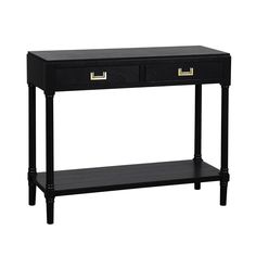 a black console table with two drawers on one side and gold handles on the other