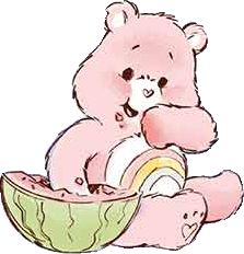 a pink teddy bear sitting on top of a green bowl filled with watermelon